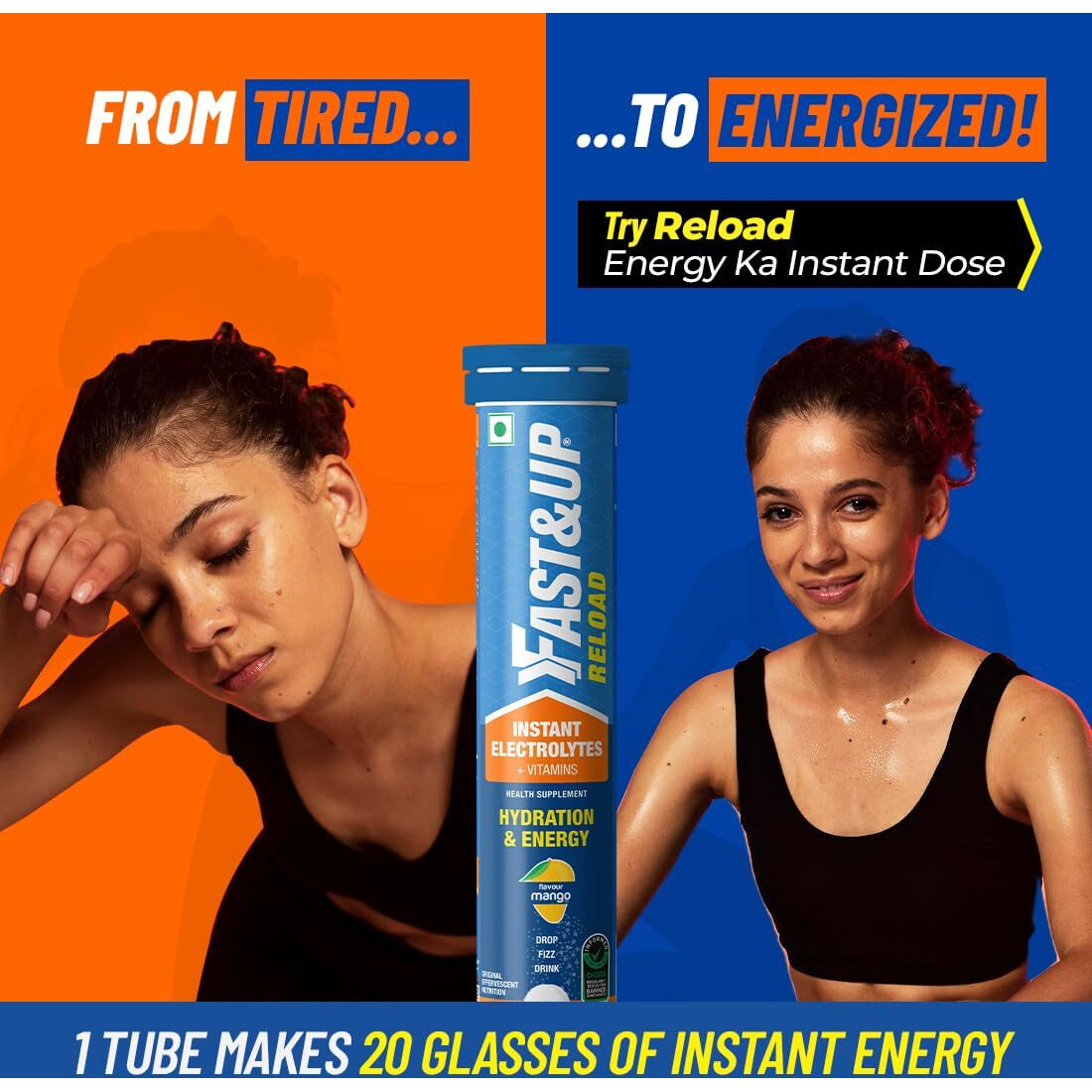 Fast&Up Reload (20 Litres) Low Sugar energy drink for Instant Hydration - 80 Effervescent Tablets with all 5 Essential Electrolytes + Added Vitamins - Certified Electrolytes Drink - Mango flavour