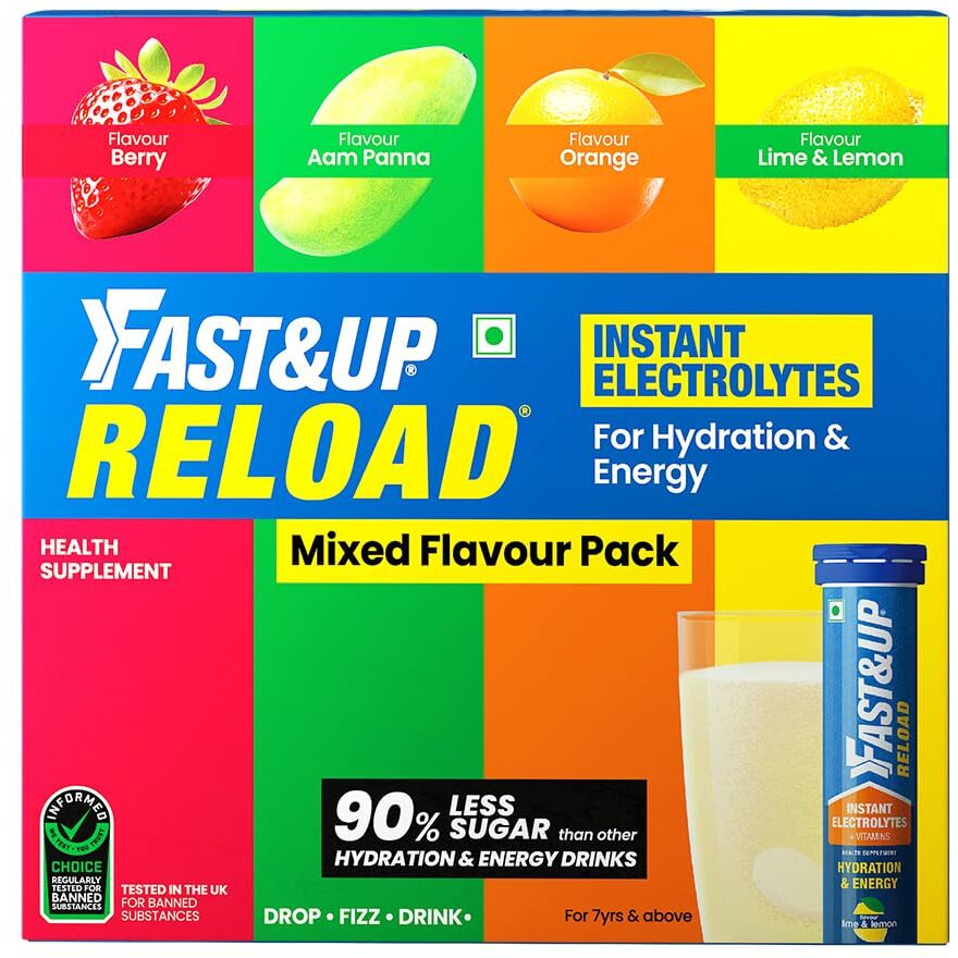 Fast&Up Reload (20 Liters) - (Berry, Aam Panna, Orange, Lime & Lemon)- Low Sugar energy drink for Instant Hydration - Effervescent Tablets with all 5 Essential Electrolytes + Added Vitamins.