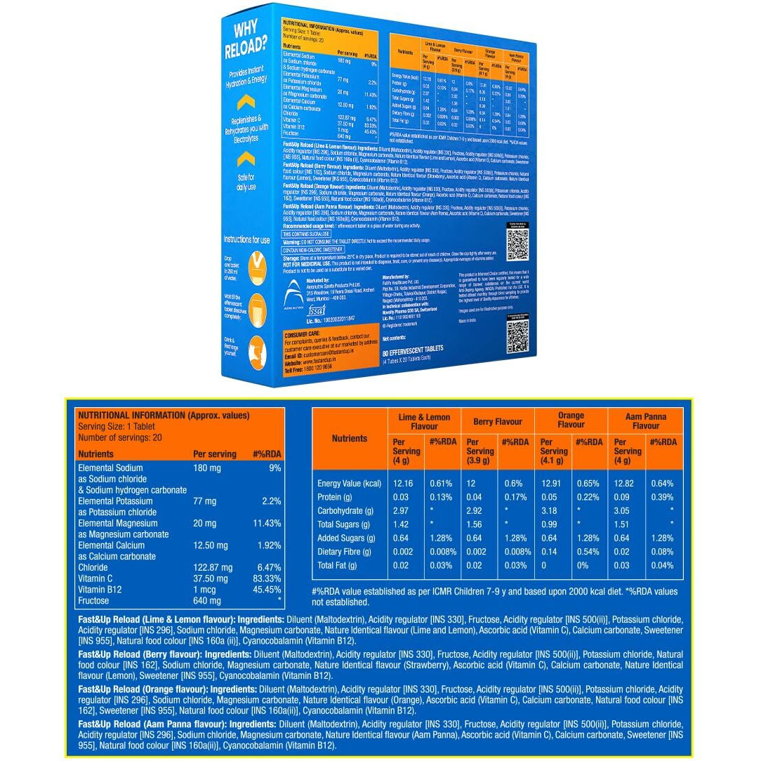 Fast&Up Reload (20 Liters) - (Berry, Aam Panna, Orange, Lime & Lemon)- Low Sugar energy drink for Instant Hydration - Effervescent Tablets with all 5 Essential Electrolytes + Added Vitamins.