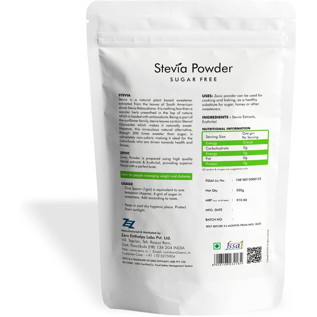 Zevic Stevia Sugar Free Powder | Zero Calories Stevia Powder | Vegan & Keto | 100% Natural Sweetener Powder | Sugar Substitute Natural | Diabetic Friendly - 500g