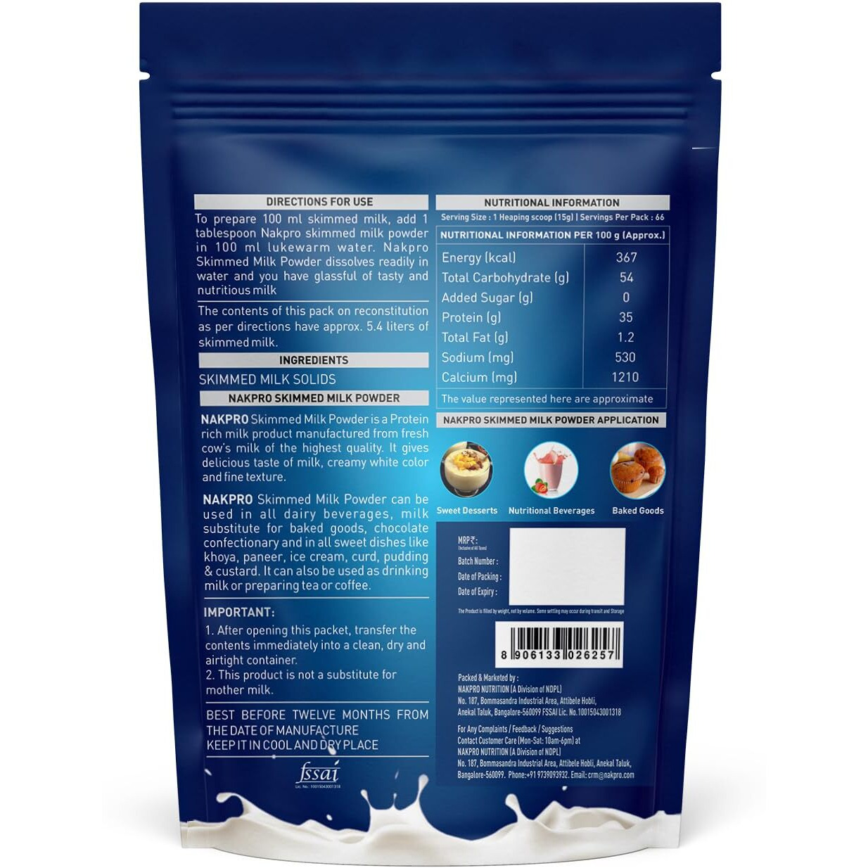 NAKPRO Skimmed Milk Powder, 1kg | Derived from Cow Milk, 100% Pure & Natural | Sugar Free & No Added Preservatives | Perfect for Tea & Coffee for Everyday Use | NABL Lab tested for Purity