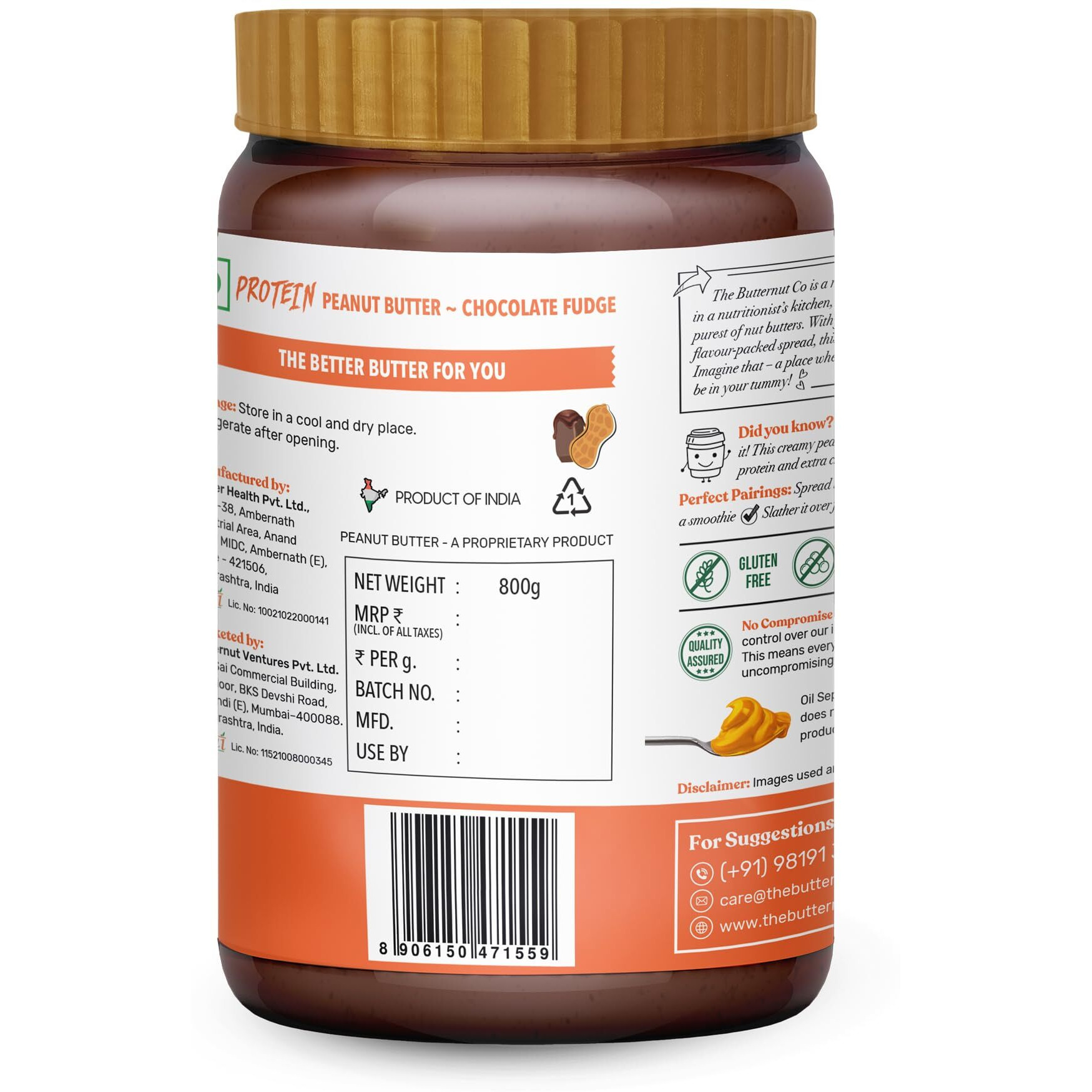 The Butternut Co. Protein Chocolate Fudge Peanut Butter,Creamy 32 G Protein|High Protein,Nutritious Treat For Breakfast All Natural No Cholesterol - 800Gram (Pack Of 1)