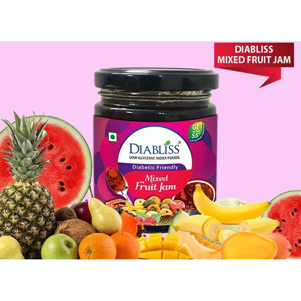 Diabliss Mixed Fruit Jam Replacement for Sugar Free Jam for Diabetic - Clinically Tested | Low GI | Fresh Nutritious Fruits | Irresistibly Tasty - 225g Bottle