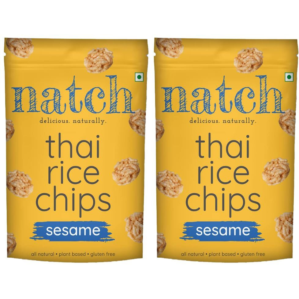 Natch Thai Sticky Rice Chips, Gluten Free, Vegan, Party Family Pack, All Natural Crunchy Crackers (Sesame) 100 Gm Each (Pack of 2)