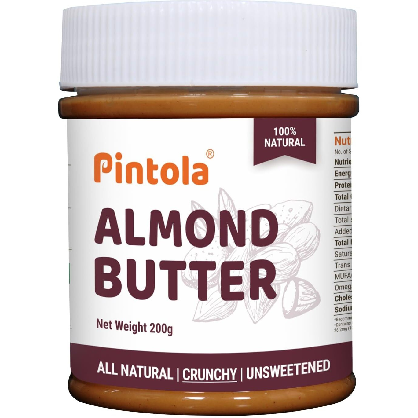 Pintola Almond Butter Crunchy 200g - All Natural Unsalted Butter, Healthy Almond Butter Unsweetened for Bread Spreads, Vegan Almond Butter