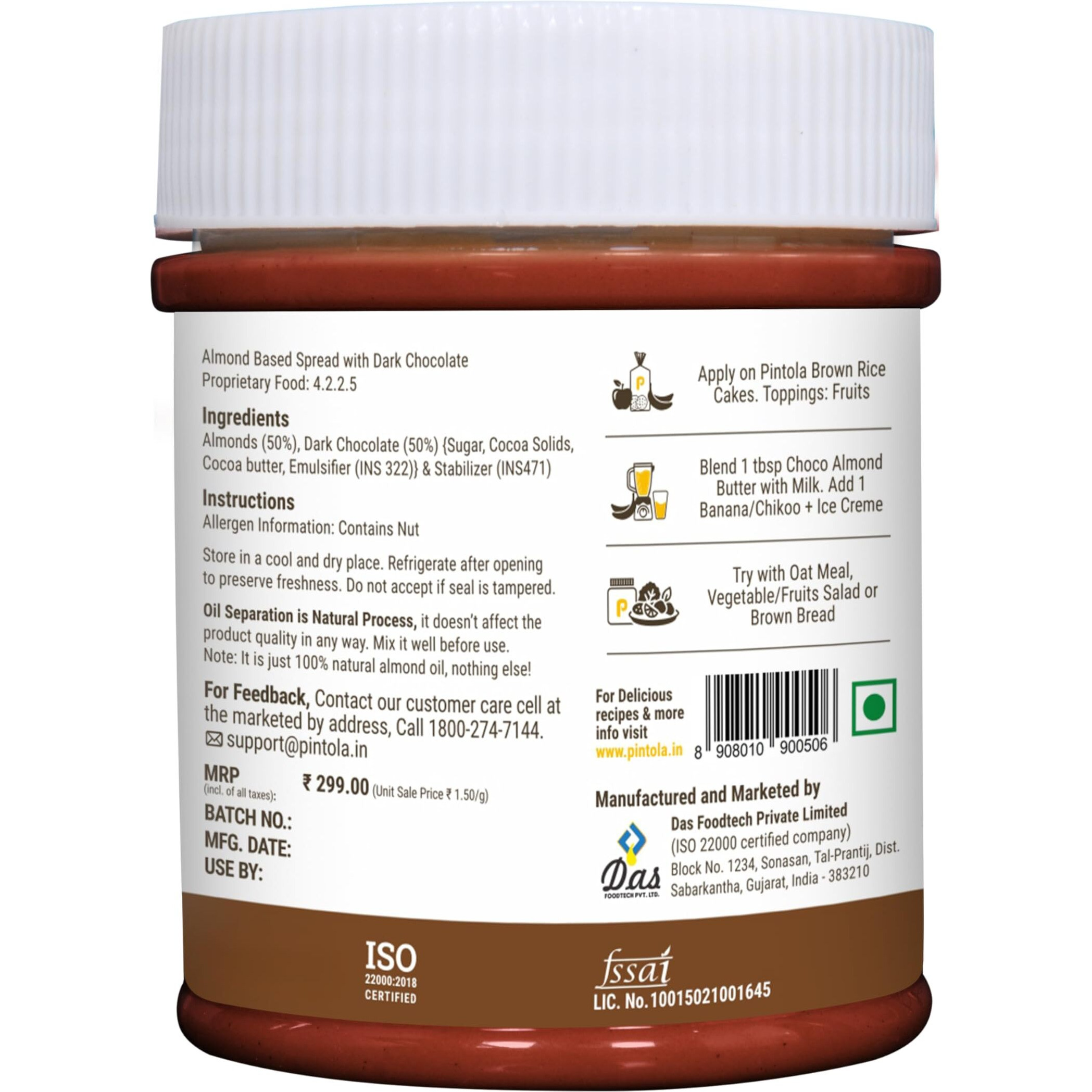 Pintola Almond Choco Spread Crunchy 200g | High Protein & fiber | Gluten & cholesterol free | Crispy | Rich in vitamins & anti-oxidants | Made with dark chocolate