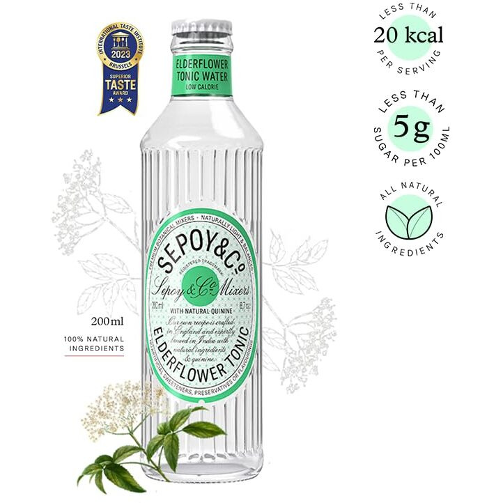SEPOY & CO. Elderflower Tonic Water (Pack Of 12 X 200Ml)|Premium Floral Beverage|Low Calorie|Aerated Flavored Beverage|100% Natural Ingredients