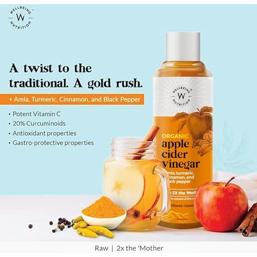 Wellbeing Nutrition Apple Cider Vinegar with Turmeric, Amla, Cinnamon and Black Pepper | Raw Unfiltered with 2X The Mother | Supports Weight Management, Boost Immunity & Detox, Skin Health | 500ml