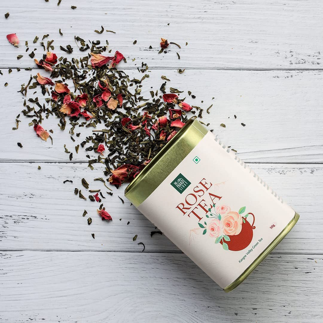The Pahadi Story Rose Green Tea 50gm - Grade A Dried Rose Petals with Whole Green Tea Loose Leaves | Natural Rose Tea