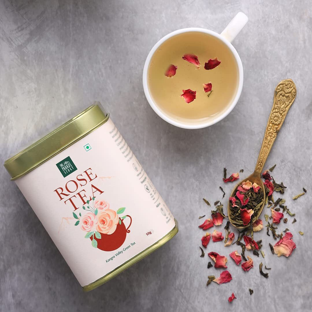 The Pahadi Story Rose Green Tea 50gm - Grade A Dried Rose Petals with Whole Green Tea Loose Leaves | Natural Rose Tea