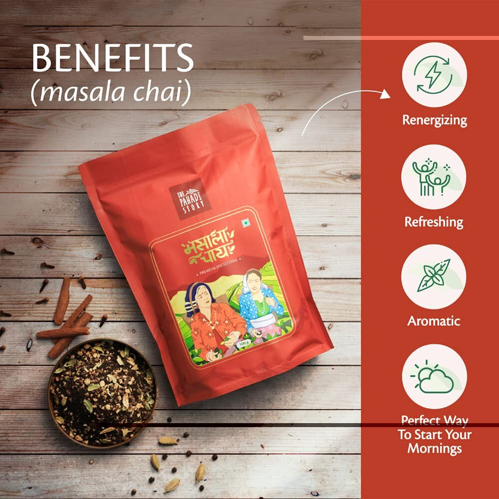 The Pahadi Story - Masala Tea Value Pack 100gm- Premium Assam Black Tea Loose Leaf with 100% Natural Ingredient Cinnamon, Ginger, Elaichi, Clove, Black Pepper (Daily Use Masala Chai Patti)