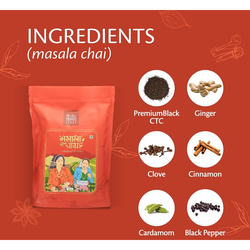 The Pahadi Story - Masala Tea Value Pack 100gm- Premium Assam Black Tea Loose Leaf with 100% Natural Ingredient Cinnamon, Ginger, Elaichi, Clove, Black Pepper (Daily Use Masala Chai Patti)