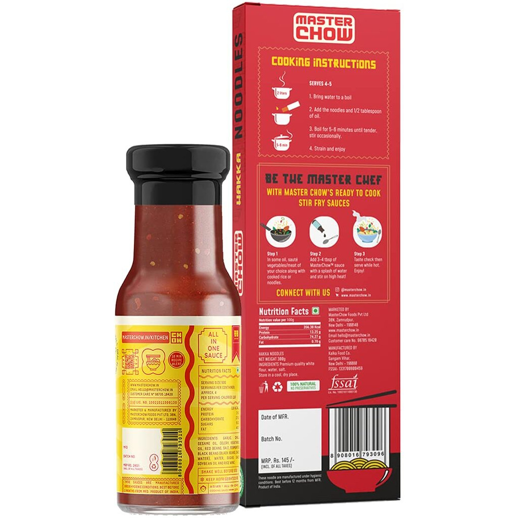 MasterChow Chilli Garlic Noodle Pack - Hakka Noodles (300G) + Chilli & Garlic Bang Bang (220G) Cooking Sauce | No Artificial Color | Street Style Chowmein | Serves 4-5 Meals, No Artificial Colours