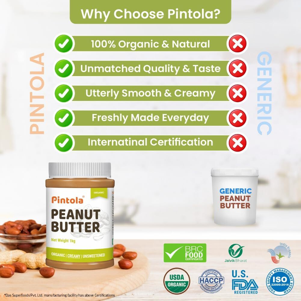 Pintola Organic Unsweetened Peanut Butter Creamy 350g - Protein 30g & 9g Dietary Fiber, Made with Organic Peanuts, No Added Sugar, No Preservatives