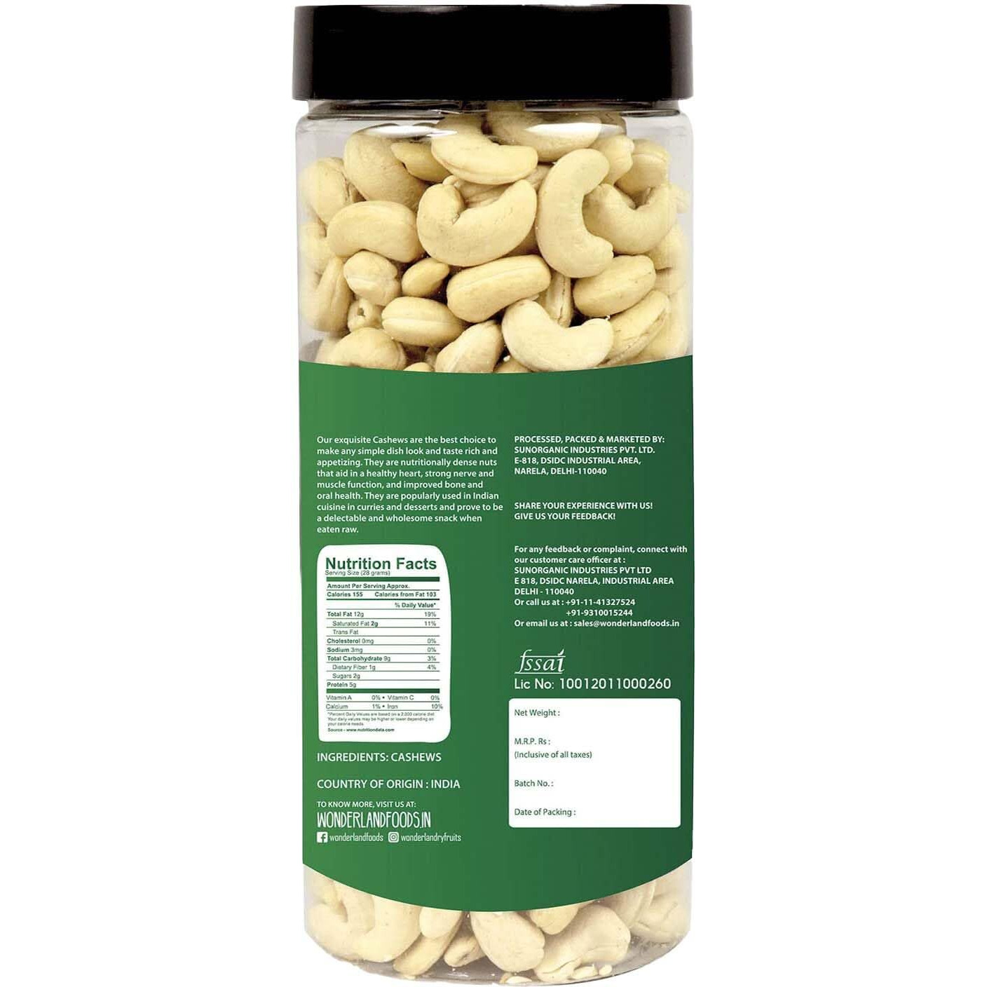 Wonderland Foods Whole Cashew (Kaju) W400-Grade 500G Jar | Dry Fruit Whole Cashews W400 | Whole Cashew Nut | Gluten & GMO-Free | Delicious & Healthy Nuts