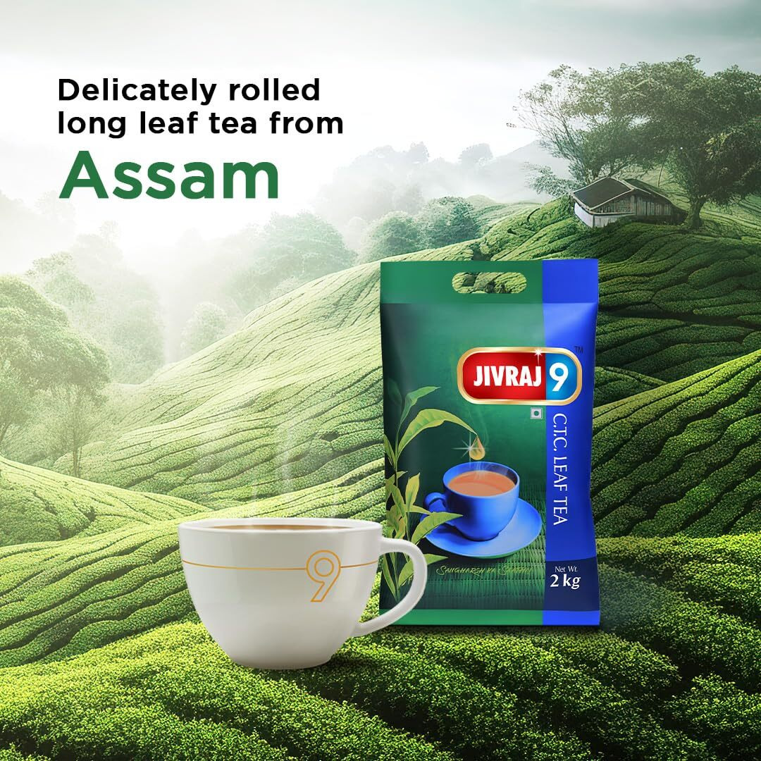 Jivraj 9 CTC Tea Leaf, Premium Assam Tea Leaves, Crush-Tear-Curl Tea Leaf Process, 2 Kg, Pack 1