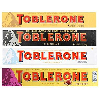 Toblerone of Switzerland Combo Pack Chocolate Bars (Swiss Milk, Swiss Dark, Swiss White, Swiss Milk Fruit & Nut),Pack of 4 (100gram Each)