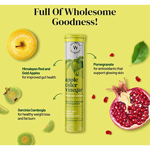 Wellbeing Nutrition Apple Cider Vinegar (ACV) for Weight Loss with Mother & Garcinia Cambogia, Pomegranate| Weight Management, Gut Health, Supports Digestion, Boosts Metabolism 17 Effervescent Tablet