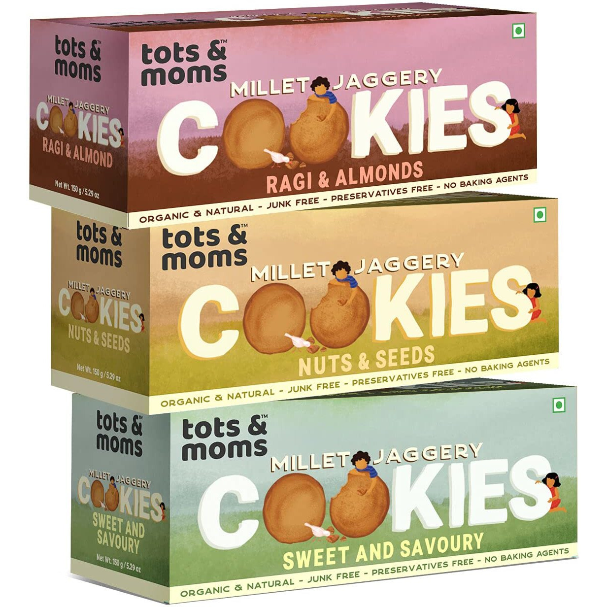Tots and Moms Foods - Millet & Jaggery Cookies | Ragi & Almonds| Nuts & Seeds| Sweet & Savory | 100% Natural Tasty & Healthy Cookies Snacks for Kids