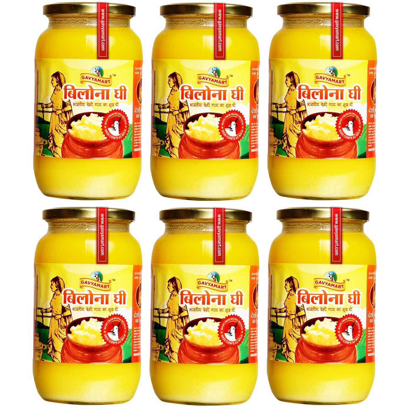 Gavyamart Bilona ghee 100% Fresh Pure Desi Kankrej Organic Non GMO Cow Ghee-Made Using Traditional Bilona Method - Glass jar pack (Pack of 6)