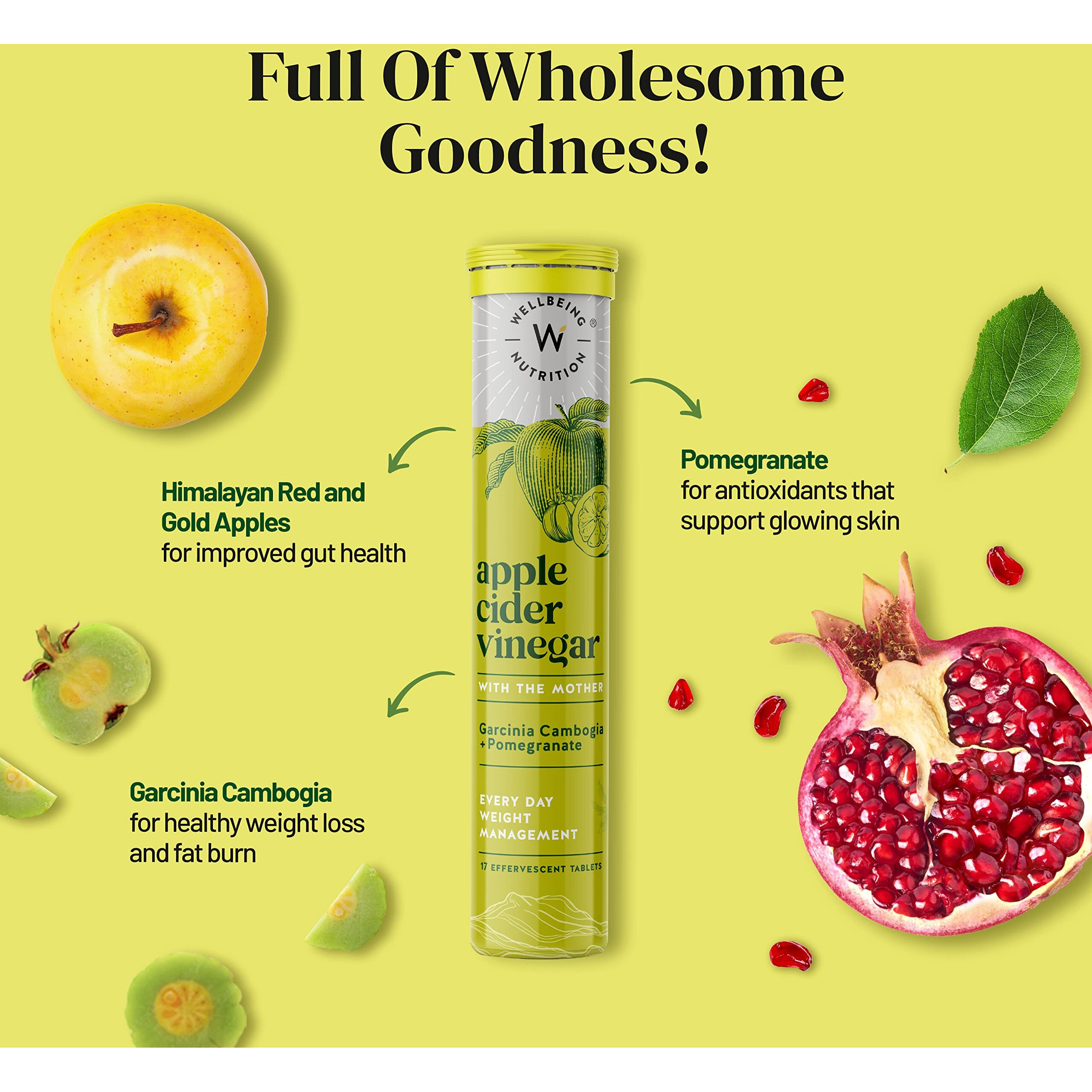 Wellbeing Nutrition Apple Cider Vinegar (ACV) for Weight Loss with Mother & Garcinia Cambogia, Pomegranate| Weight Management, Gut Health, Supports Digestion, Boosts Metabolism 17 Effervescent Tablet