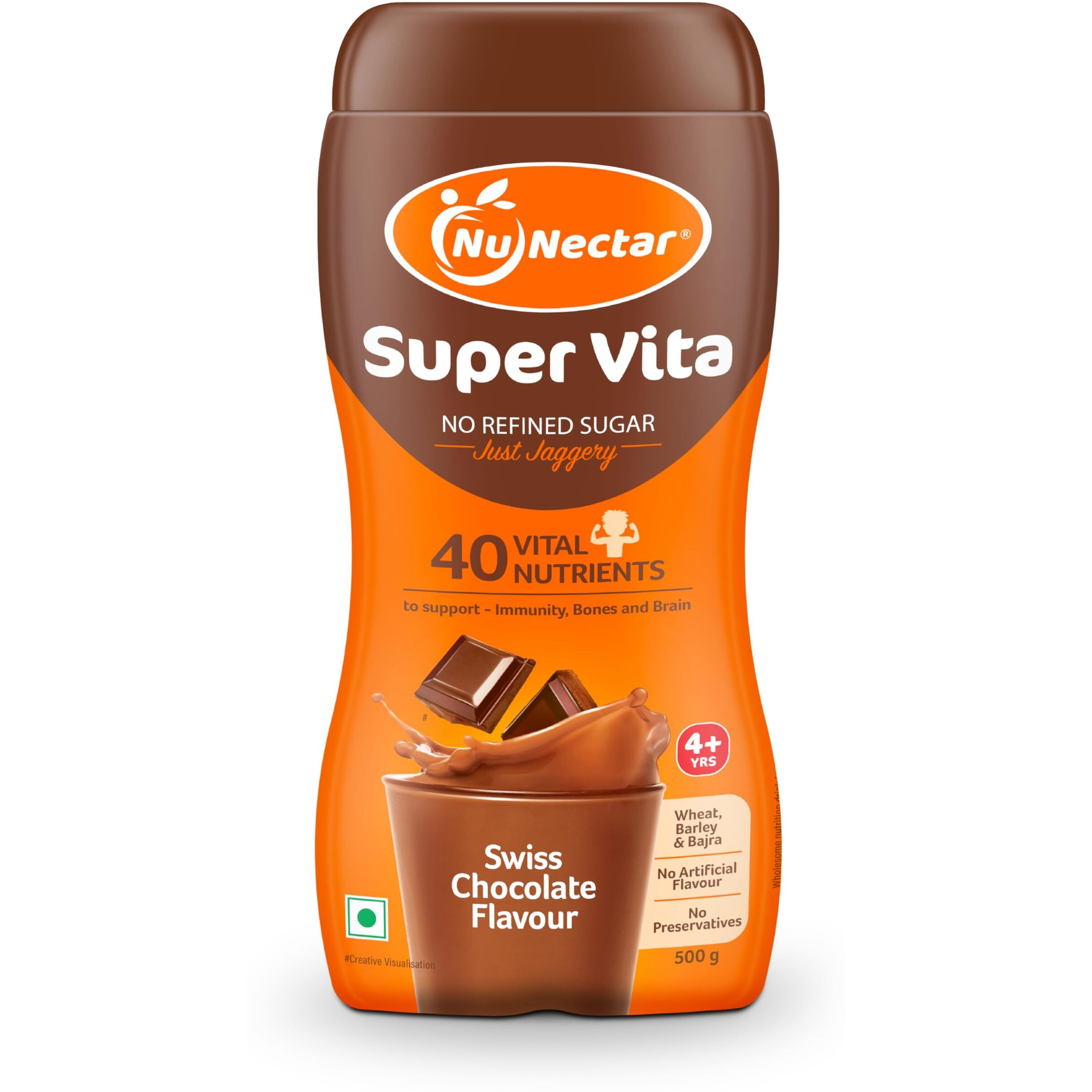 NuNectar Super Vita | Junk Free Nutrition Drink for Kids, No Sugar, 40 Nutrients, Swiss Chocolate flavour, 500g