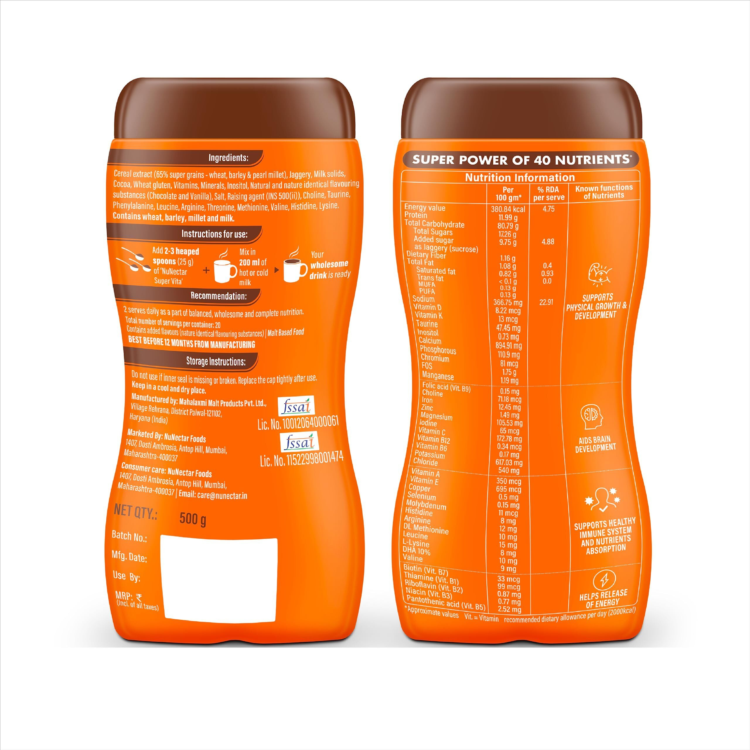 NuNectar Super Vita | Junk Free Nutrition Drink for Kids, No Sugar, 40 Nutrients, Swiss Chocolate flavour, 500g