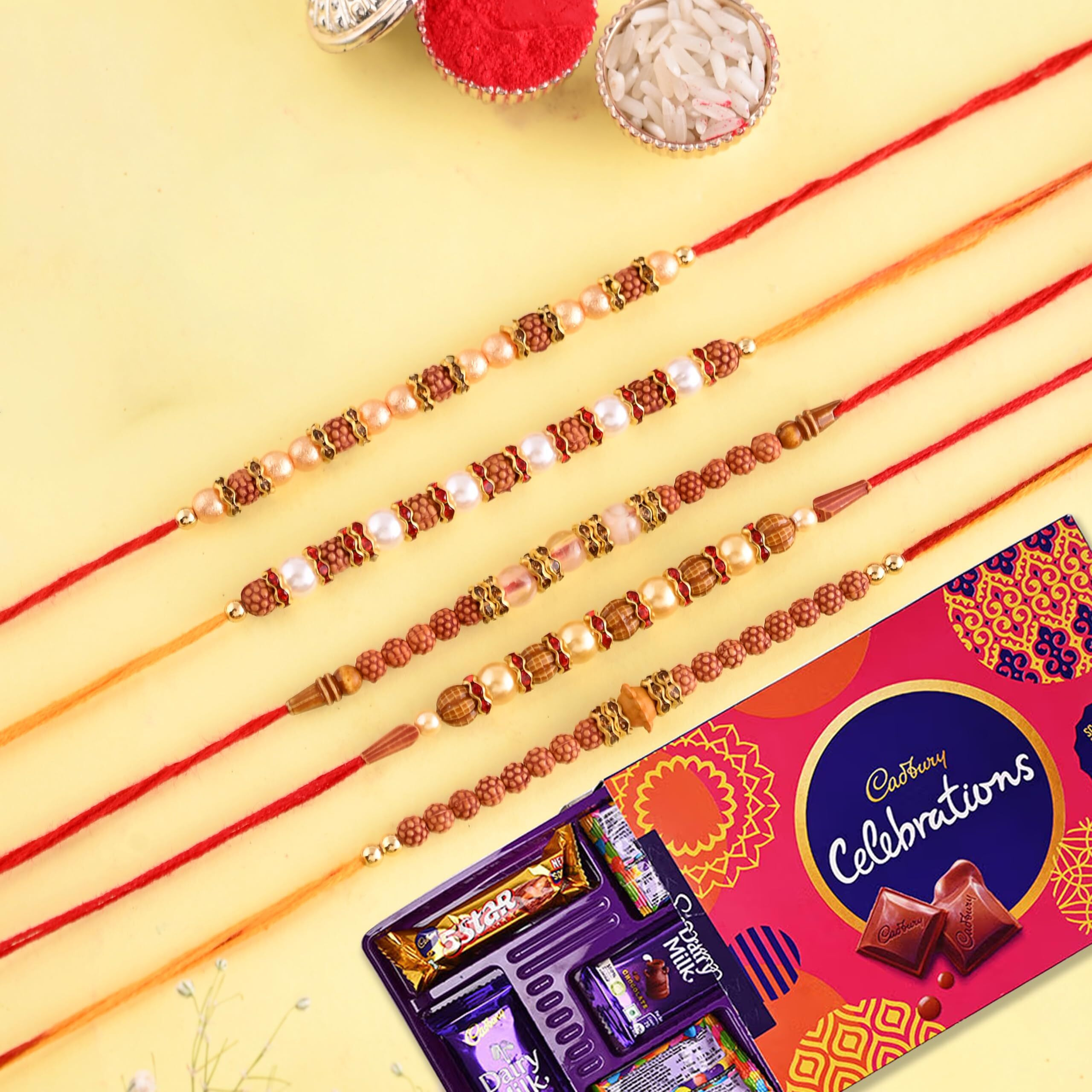 CraftVatika Rakhi Set of 5 Chocolates Rakhi Gift Combo for Brother Boy Men Kids, Rakhi Chocolates Gift, Dora Rakhi Set of 5 Rakhi with Gift Hamper (Type-2), 200 Grams