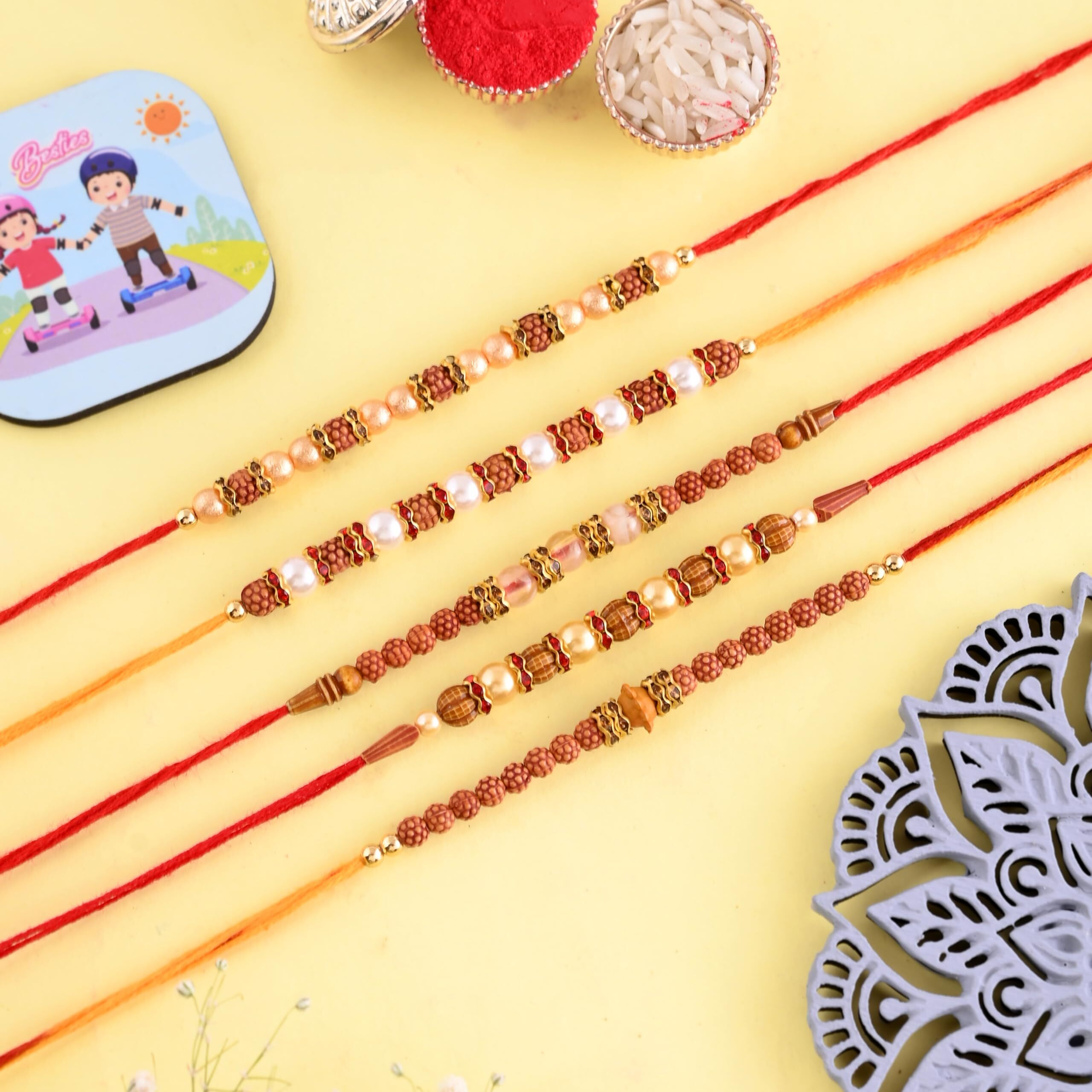 CraftVatika Rakhi Set of 5 Chocolates Rakhi Gift Combo for Brother Boy Men Kids, Rakhi Chocolates Gift, Dora Rakhi Set of 5 Rakhi with Gift Hamper (Type-2), 200 Grams