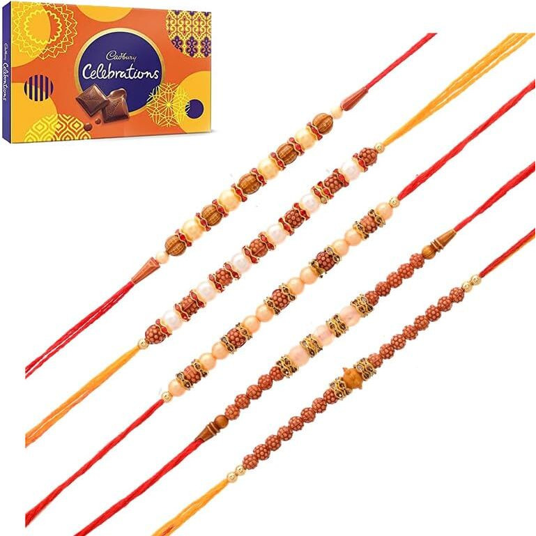 CraftVatika Rakhi Set of 5 Chocolates Rakhi Gift Combo for Brother Boy Men Kids, Rakhi Chocolates Gift, Dora Rakhi Set of 5 Rakhi with Gift Hamper (Type-2), 200 Grams