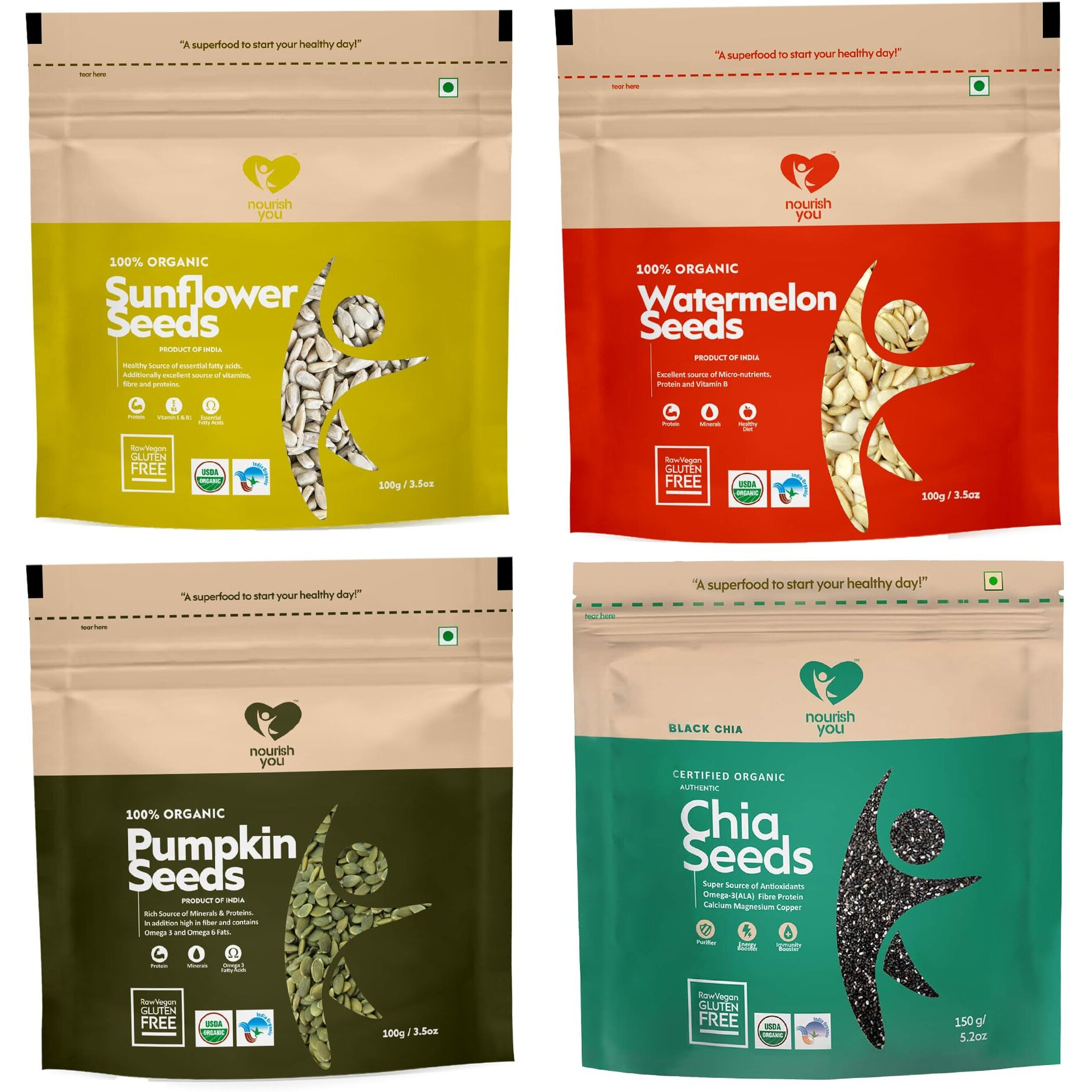 Nourish you Raw Seeds Combo for eating,(100 gm) Organic Pumpkin seeds, (100 gm) Sunflower seeds, (100 gm) Watermelon seeds & (150 gm) Chia seeds, Mixed Seeds