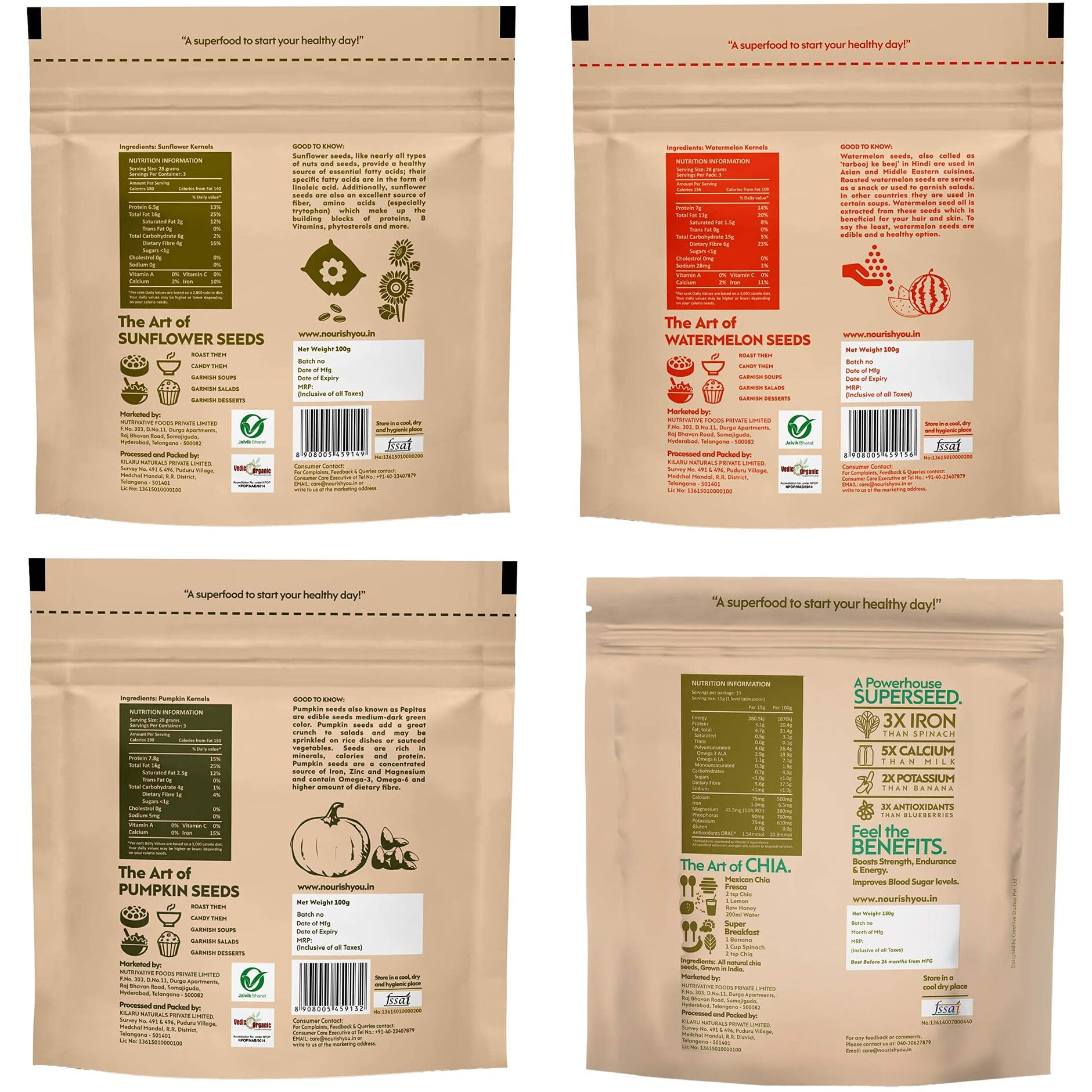 Nourish you Raw Seeds Combo for eating,(100 gm) Organic Pumpkin seeds, (100 gm) Sunflower seeds, (100 gm) Watermelon seeds & (150 gm) Chia seeds, Mixed Seeds