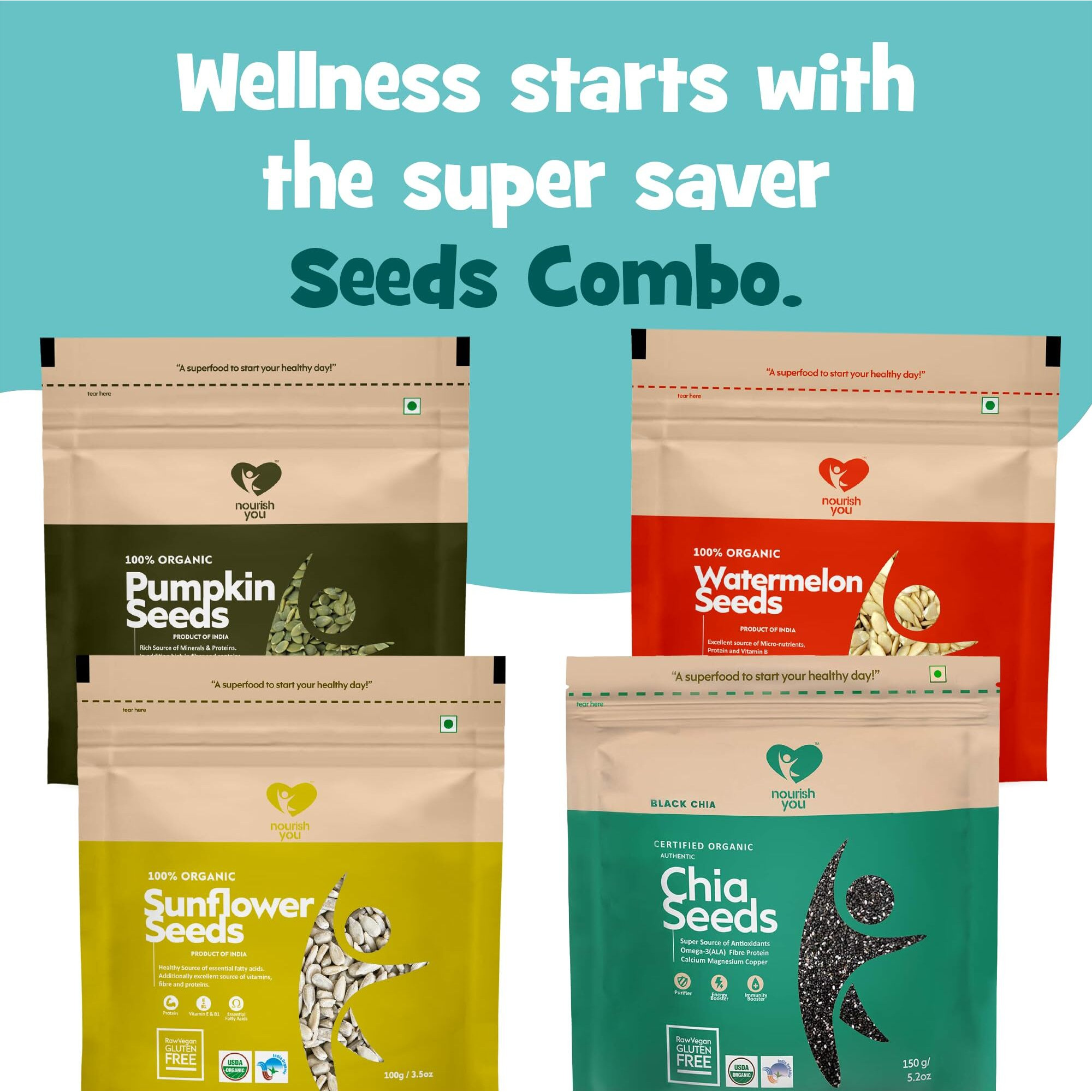Nourish you Raw Seeds Combo for eating,(100 gm) Organic Pumpkin seeds, (100 gm) Sunflower seeds, (100 gm) Watermelon seeds & (150 gm) Chia seeds, Mixed Seeds