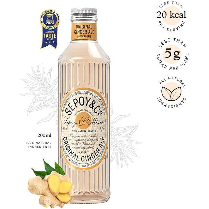 Sepoy & Co. Ginger Ale (Pack of 6 X 200ml) | Premium Highball Mixer | Low Calorie Aerated Drink | 100% Natural Ingredients