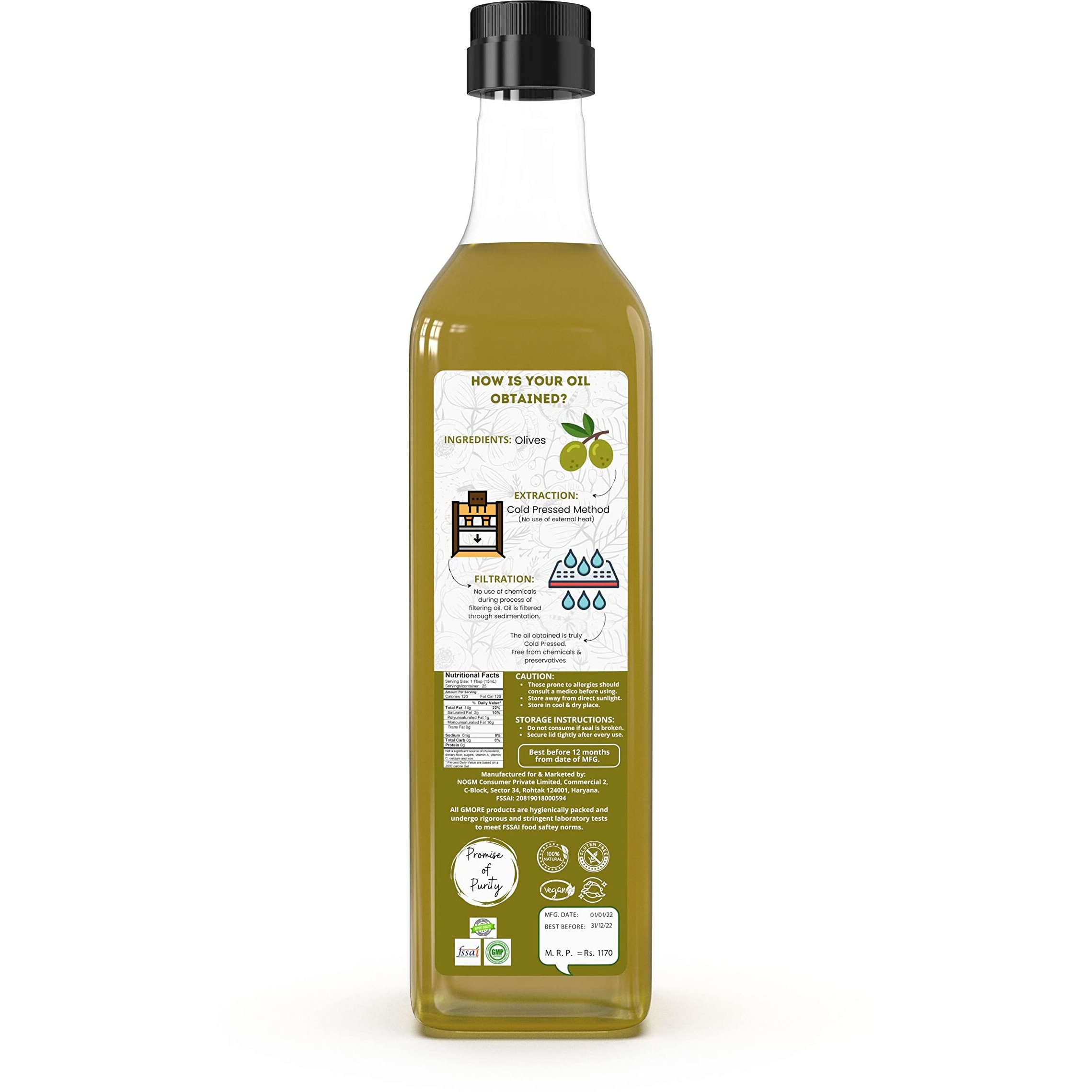 Gmore - Cold Pressed - Extra Virgin Olive Oil - Organic - 100% Pure & Natural Olive Oil (1 Ltr. / 1000ml)