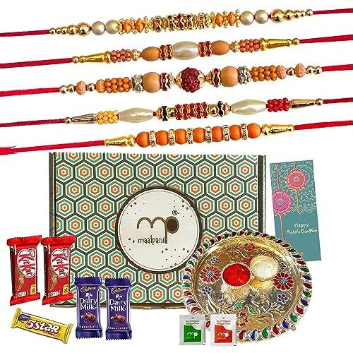 Maalpani Rakhi Set of 5 - Chocolates and Pooja Thali - Rakhi Gift Set