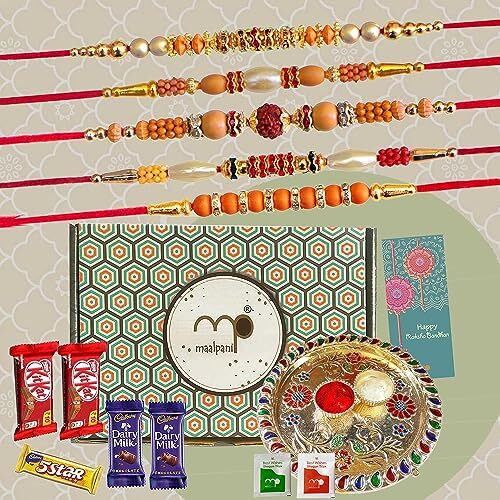 Maalpani Rakhi Set of 5 - Chocolates and Pooja Thali - Rakhi Gift Set