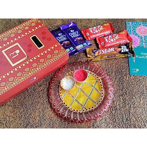 Maalpani Rakhi Set of 5 - Chocolates and Pooja Thali - Rakhi Gift Set