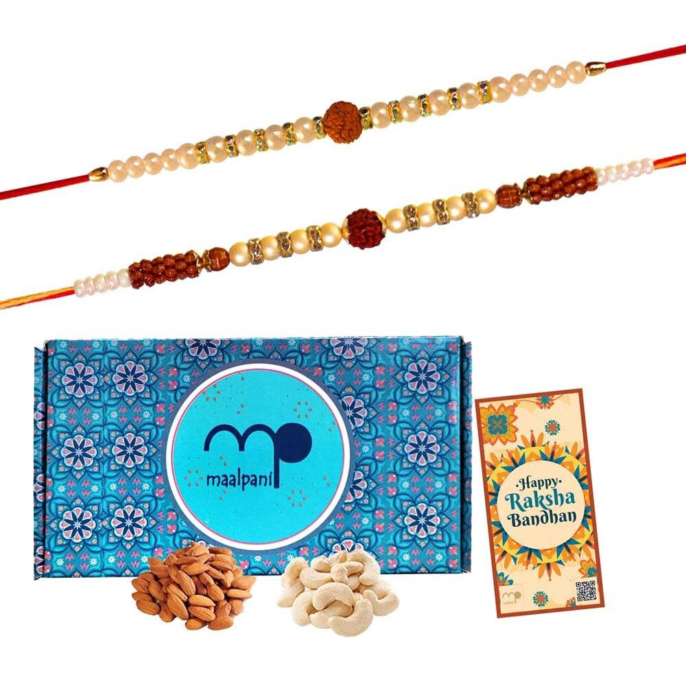 Maalpani Rakhi and Dry Fruit Combo - 2 Auspicious Rudraksh Rakhi - Dryfruits and Fancy Box - Rakhi Gift Hamper For Brother