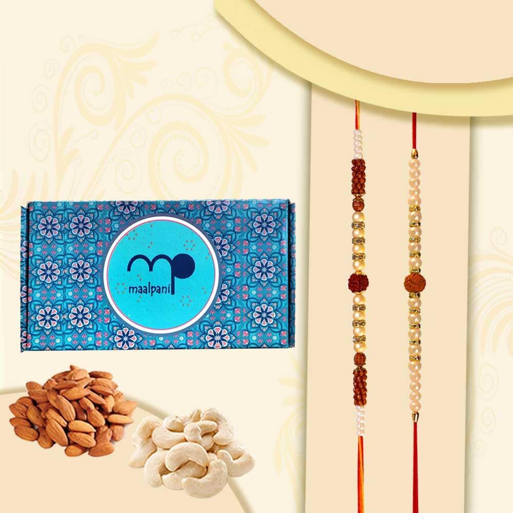 Maalpani Rakhi and Dry Fruit Combo - 2 Auspicious Rudraksh Rakhi - Dryfruits and Fancy Box - Rakhi Gift Hamper For Brother