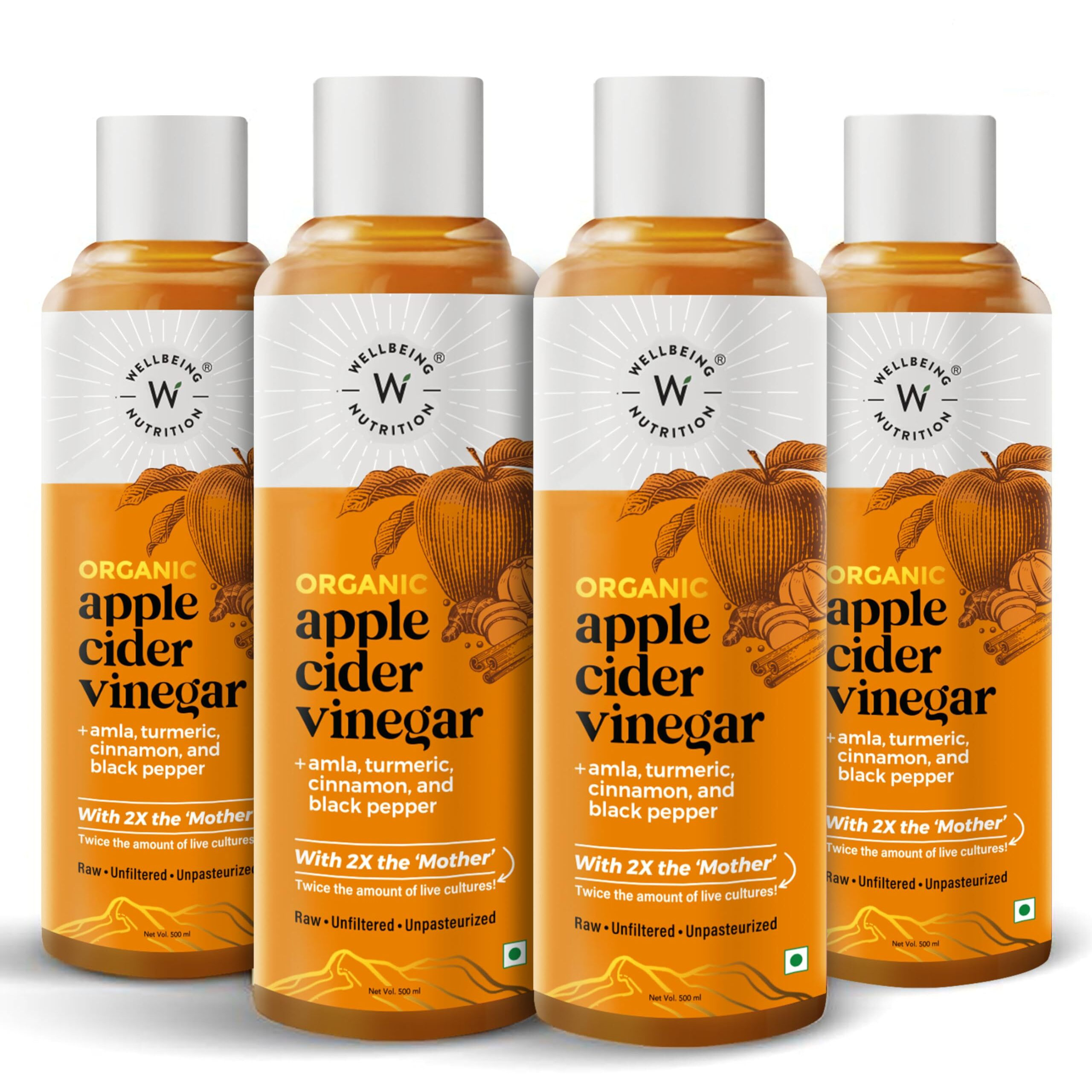 Wellbeing Nutrition Apple Cider Vinegar with Turmeric, Amla, Cinnamon and Black Pepper | Raw Unfiltered with 2X The Mother | Weight Management, Boost Immunity & Detox, Skin Health | 500ml - Pack of 4