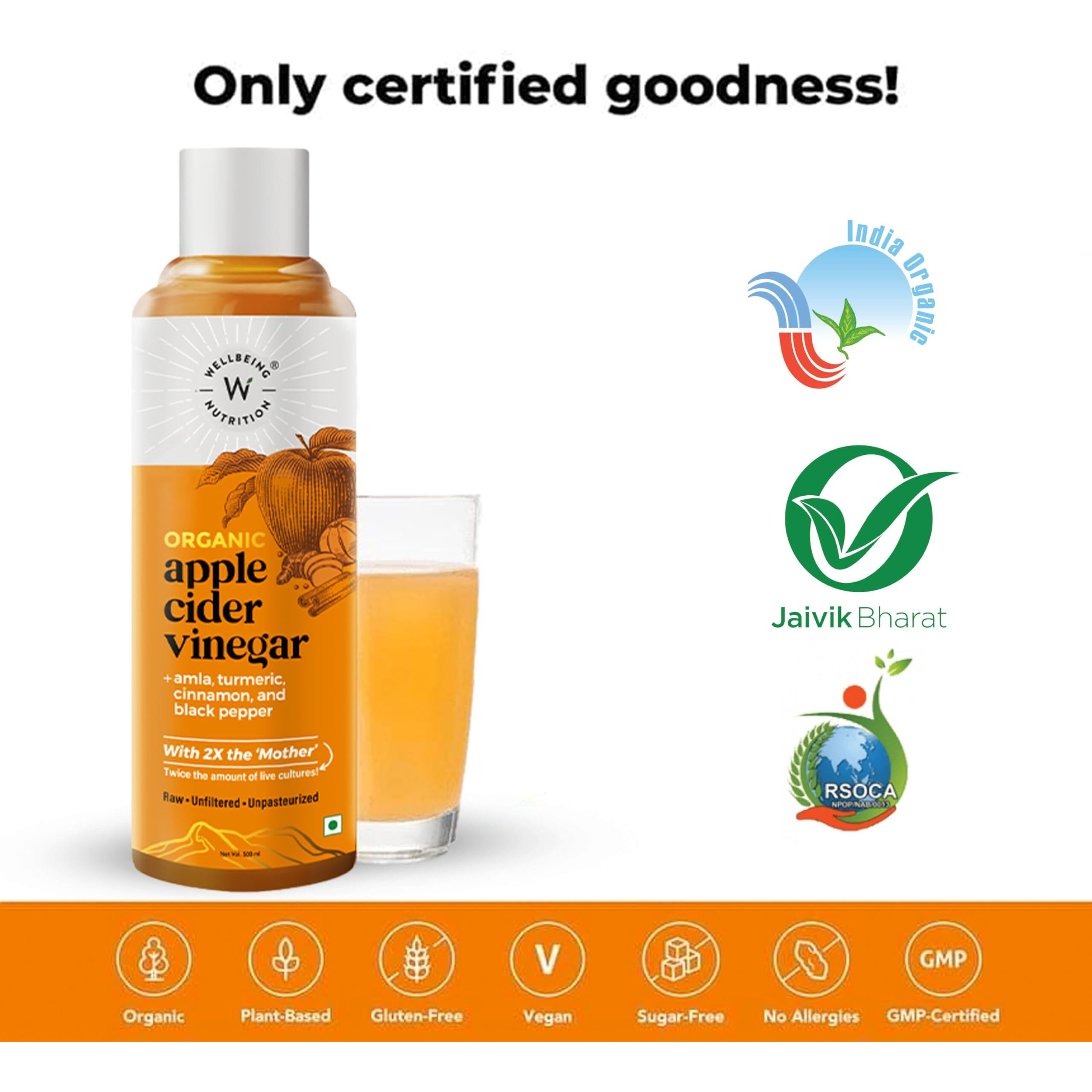 Wellbeing Nutrition Apple Cider Vinegar with Turmeric, Amla, Cinnamon and Black Pepper | Raw Unfiltered with 2X The Mother | Weight Management, Boost Immunity & Detox, Skin Health | 500ml - Pack of 4