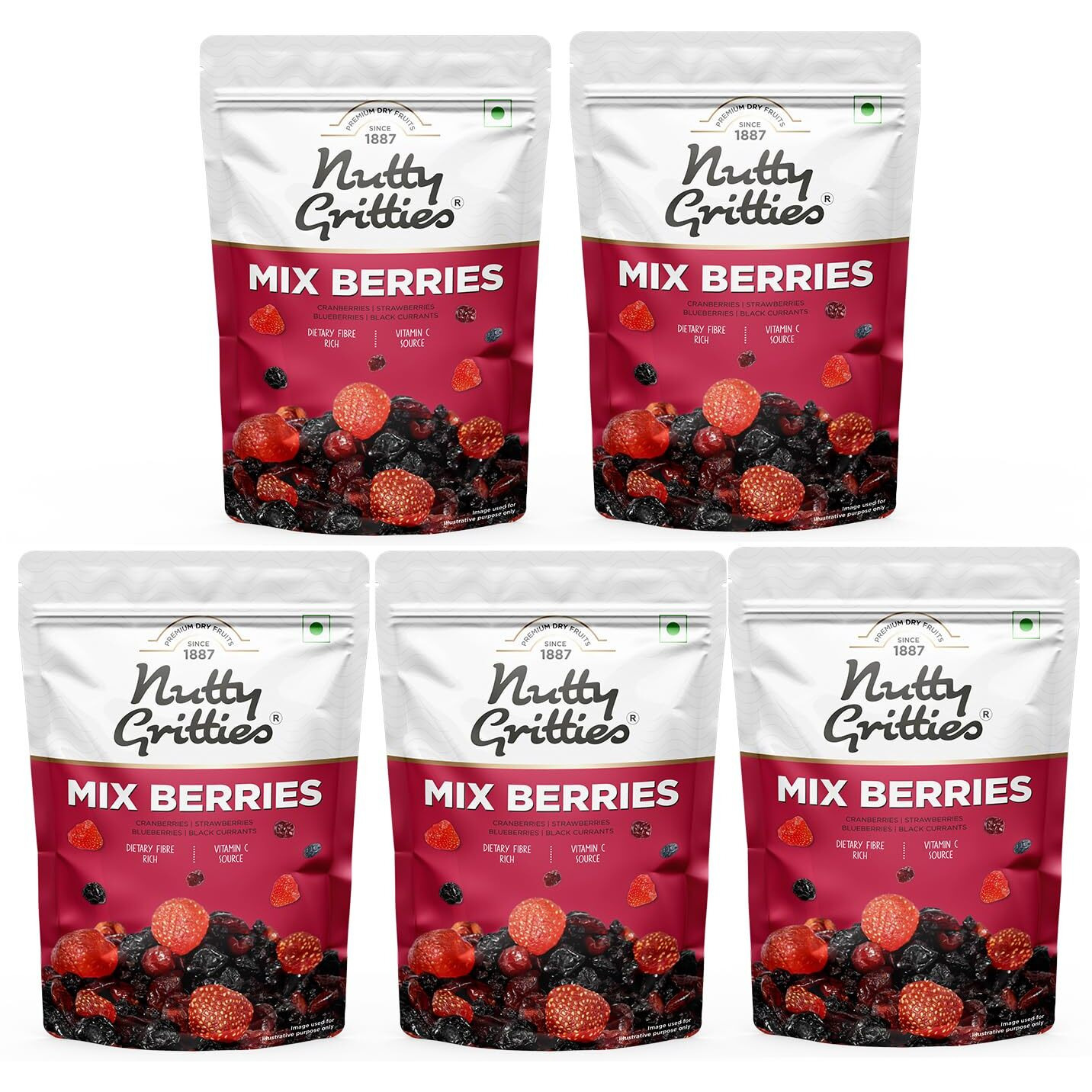 Nutty Gritties Mix Berries - Black Currants Blueberries Strawberries Cranberries - 200G (Pack of 5), Previously_Frozen