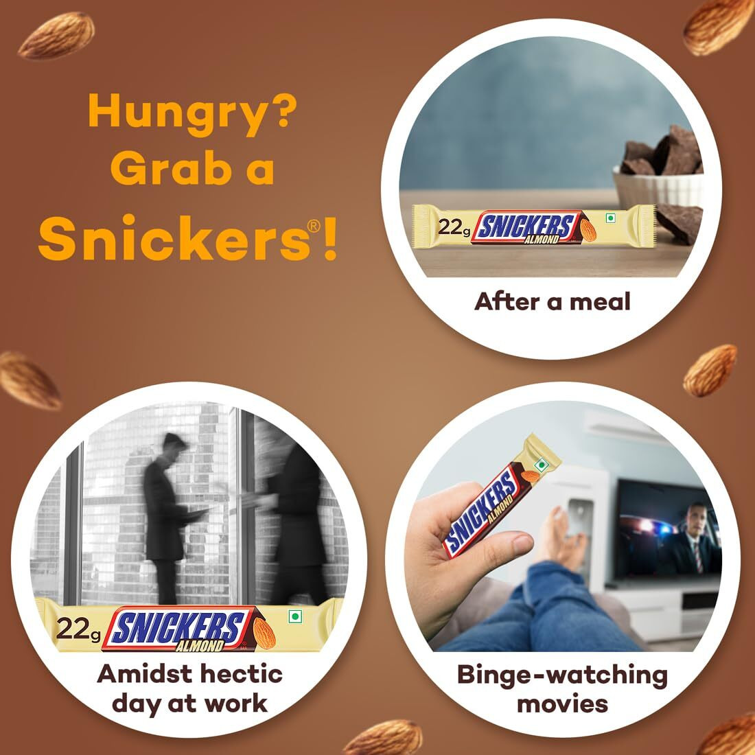 Snickers Almond Filled Chocolate Bar | Loaded With Delicious & Nutritious Roasted Almonds And Rich Caramel | Premium Chocolate For Sharing | 22 G | Pack Of 24, 528 Gram