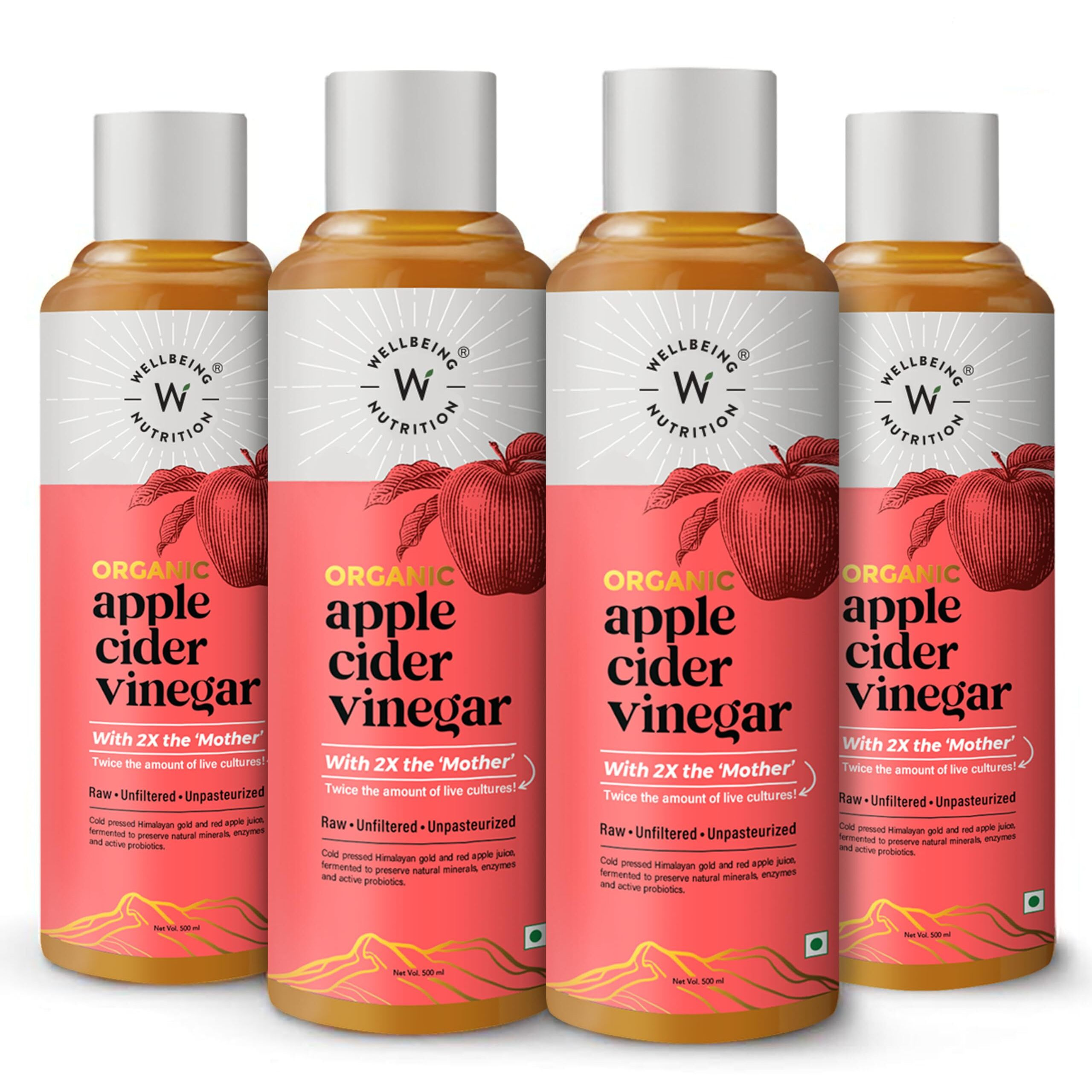 Wellbeing Nutrition Organic Himalayan Apple Cider Vinegar (ACV) with Mother of Vinegar | 2X Strands of Probiotic and Enzymes | Raw, Unfiltered, Unpasteurized | 500ml - Pack of 4