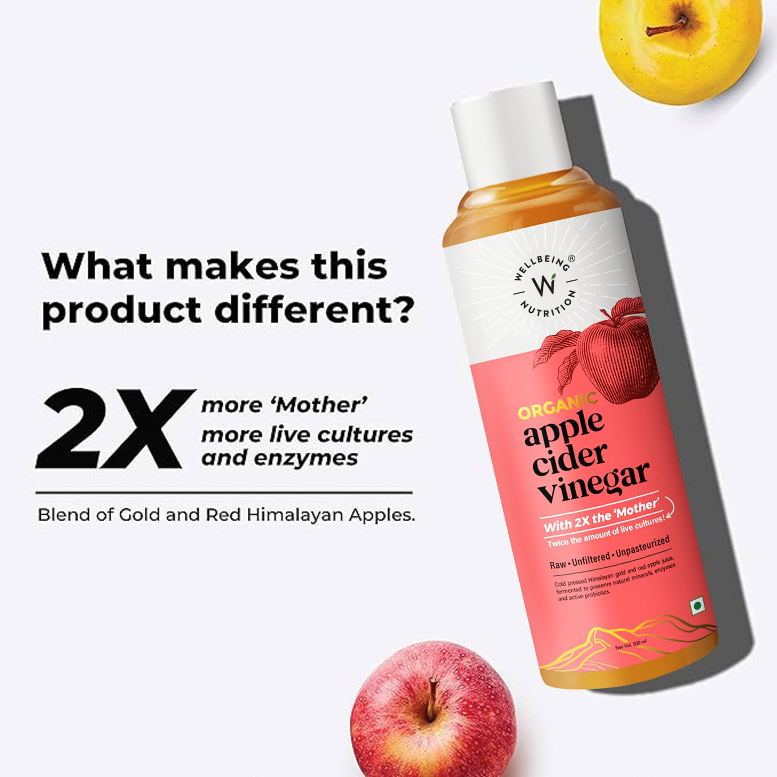 Wellbeing Nutrition Organic Himalayan Apple Cider Vinegar (ACV) with Mother of Vinegar | 2X Strands of Probiotic and Enzymes | Raw, Unfiltered, Unpasteurized | 500ml - Pack of 4