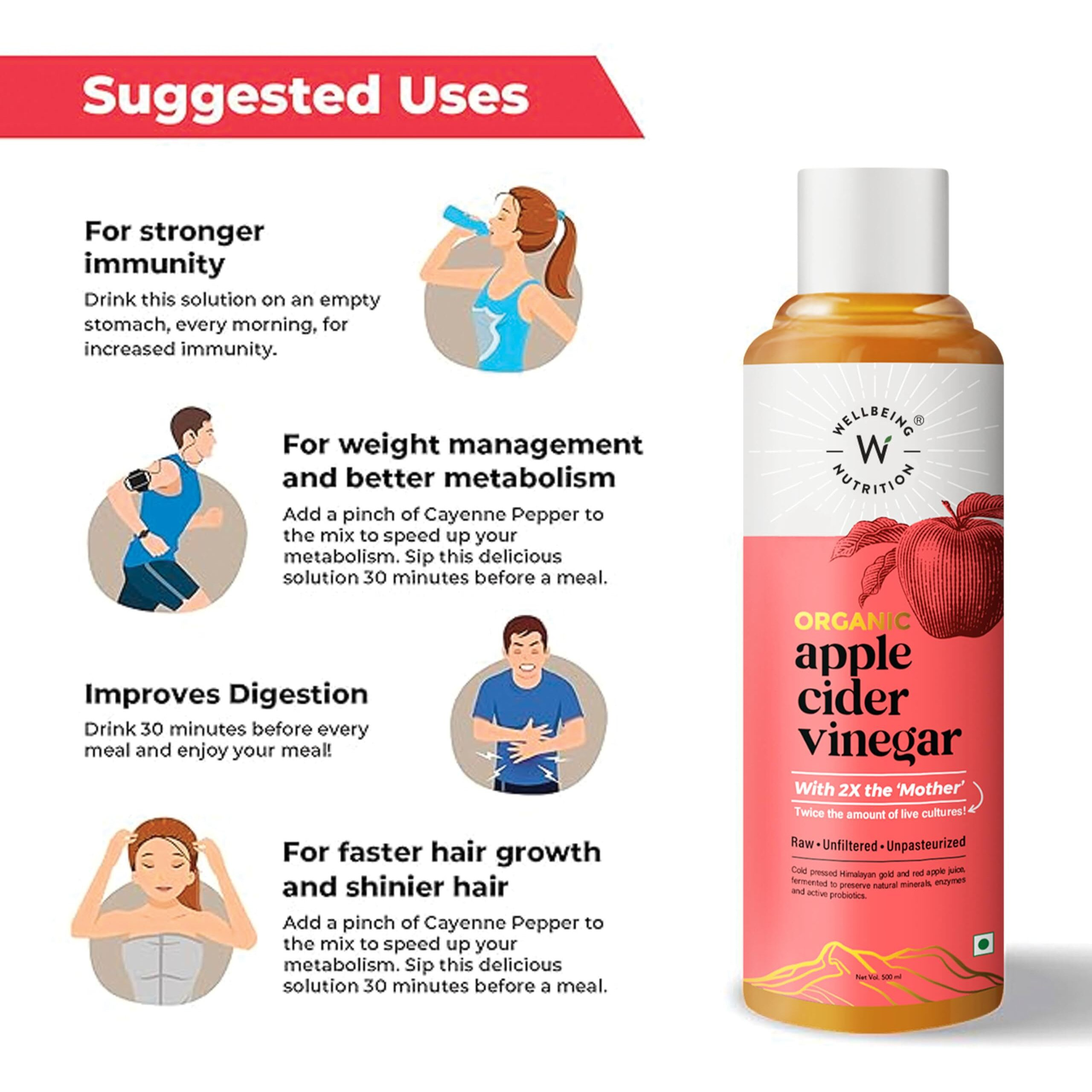 Wellbeing Nutrition Organic Himalayan Apple Cider Vinegar (ACV) with Mother of Vinegar | 2X Strands of Probiotic and Enzymes | Raw, Unfiltered, Unpasteurized | 500ml - Pack of 4