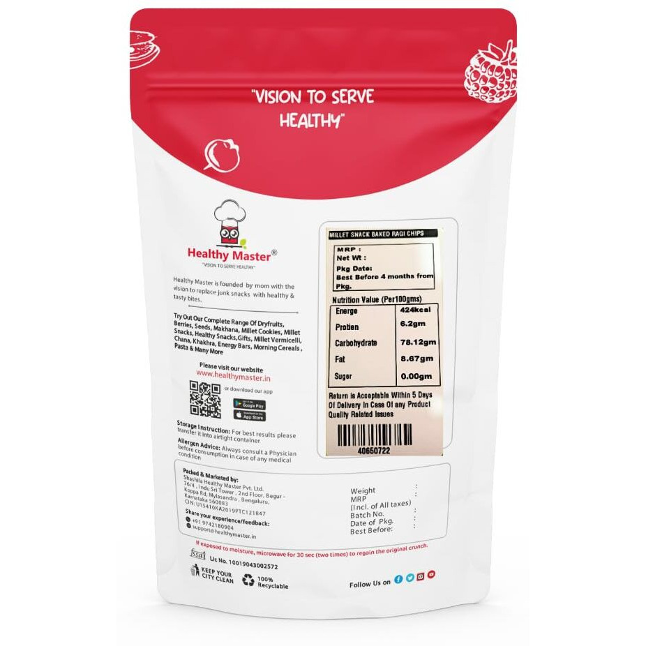 Healthy Master Baked Ragi Chips With All Natural Ingredients High In Fibre - 200 Gm Low In Sodium Helps In Weight Loss Calcium Rich Gluten-Free Vacuum Cooked Oil-Free No Maida, No Preservatives