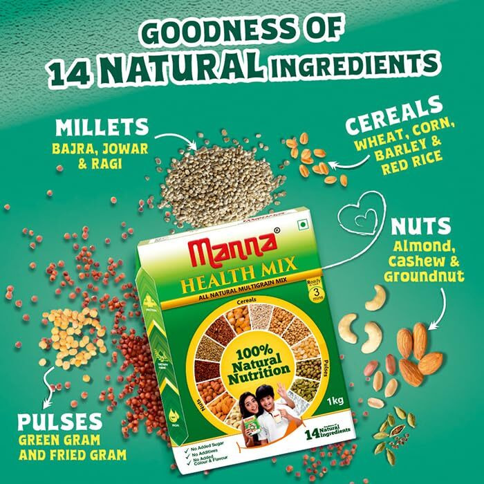 Manna Health Mix, All Natural Kids Nutrition Drink, with 14 ingredients, Zero Sugar. 100% Natural Nutrition 1.2Kg (600g Pack of 2)