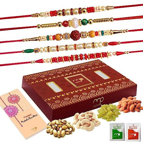 Maalpani Dry Fruits with 5 Rakhi Set for Brother - bhiaya - Bro -Bhai | Rakhi Festival Dry Fruit Combo